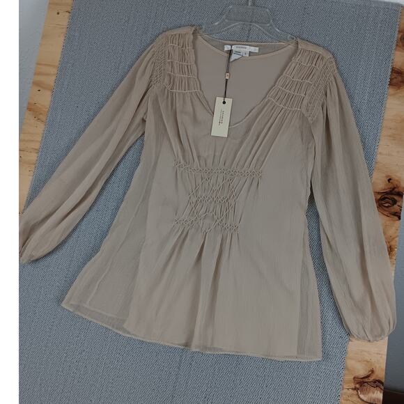 Studio M Rebecca Blouse Womens Large Wheat Brown Lined Shear Summer Casual - Picture 2 of 14